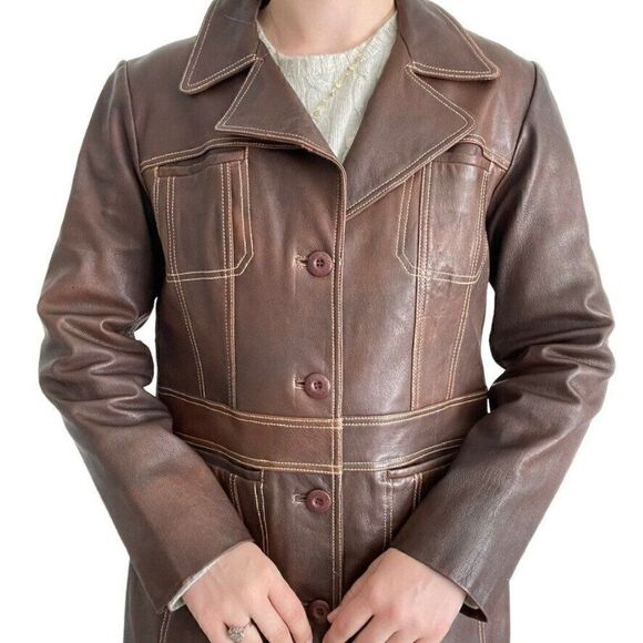 Vintage 90s Womens Wilsons Leather Brown Retro Mid Length Mid Mod Jacket Sz M - Picture 3 of 11